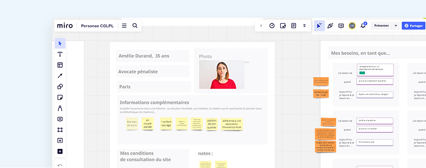 Vue sur la board Miro des personae, on voit le persona principal : l'avocat
