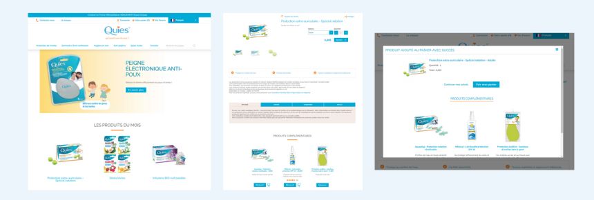 Capture d'écran de la page d'accueil, d'une page produit et de l'ajout au panier du site quies.fr